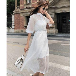 Set: Mesh Short-sleeve Midi Dress + Slipdress