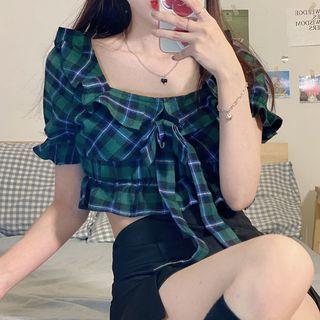 Balloon-sleeve Plaid Cropped Blouse / Paneled A-line Skirt