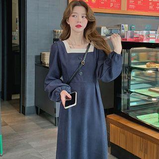 Long-sleeve Square Neck Ruffle Trim Midi Dress Grayish Blue - One Size