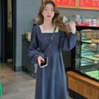 Long-sleeve Square Neck Ruffle Trim Midi Dress Grayish Blue - One Size