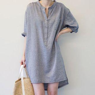 Pinstriped Elbow Sleeve Band Collar Shirt Dress