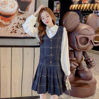 Set: Plain Shirt + Plaid Pinafore Dress