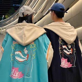 Two-tone Panel Print Hooded Jacket