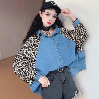 Leopard Print Panel Buttoned Denim Jacket