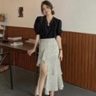 Puff-sleeve Lace Trim Blouse / Asymmetrical Floral Chiffon Midi Skirt