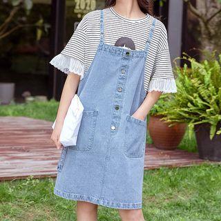 Button Denim A-line Pinafore Dress