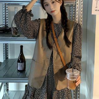 Puff-sleeve Floral Dress / Pu Leather Plain Vest