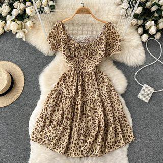 Puff-sleeve Square-neck Leopard Print Print Dress