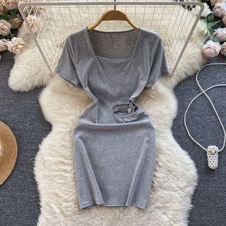 Short-sleeve Square-neck Plain Cutout Waist Dress