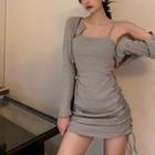Set: Spaghetti Strap Cutout Drawstring Mini Sheath Dress + Round Neck Button-up Crop Cardigan