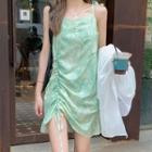 Spaghetti Strap Tie Dye Drawstring Mini Dress Green - One Size