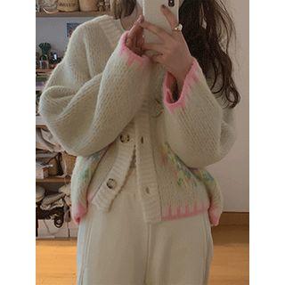 Round-neck Floral Patterned Cardigan Ivory - One Size