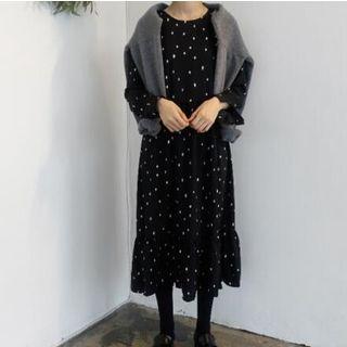 Printed Long-sleeve A-line Dress Black - One Size