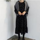 Printed Long-sleeve A-line Dress Black - One Size