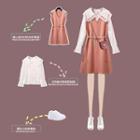 Set: Long-sleeve Lace Shirt + Knit Mini A-line Pinafore Dress