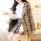Tie-neck Blouse / Double-breasted Plaid Blazer / Pleated A-line Mini Skirt / Set