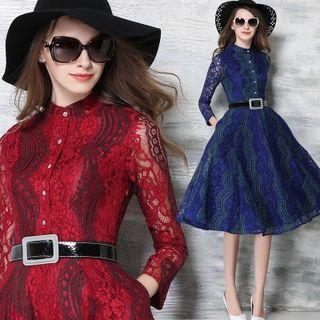 Buttoned Long-sleeve Lace Dress
