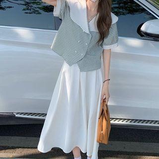 Short-sleeve Peter Pan Collar Plaid Double-breasted Shirt / High-waist A-line Midi Skirt