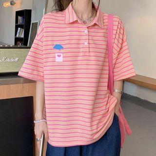 Short-sleeve Striped Polo Shirt Stripe - Pink - One Size