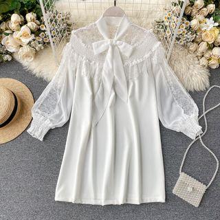 Tie-neck Lace-sleeve Chiffon Dress