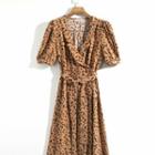 Short-sleeve Leopard Print Tie-waist Midi A-line Dress