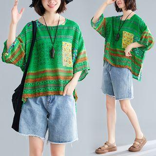 Print Round-neck 3/4-sleeve T Shirt Vintage Green - L