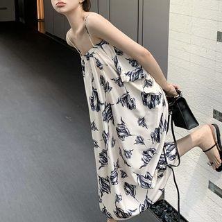 Spaghetti-strap Print Midi A-line Dress Black Flowers - White - One Size