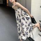 Spaghetti-strap Print Midi A-line Dress Black Flowers - White - One Size
