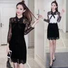 Sheer Sleeve Bow Accent Lace Dress