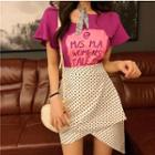 Lettering Short-sleeve T-shirt / Polka Dot Asymmetric A-line Skirt