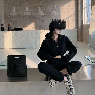 Long-sleeve Half-zip Plain Cropped Sweatshirt / High-waist Drawstring Plain Sweatpants