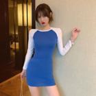 Two-tone Long-sleeve Mini Sheath Dress Blue - One Size