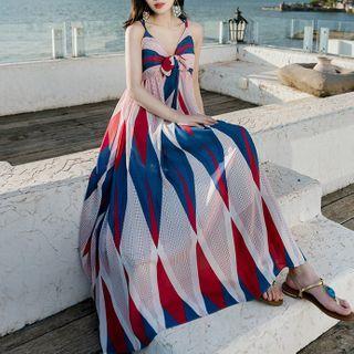 Tie-front Patterned Sleeveless Chiffon Maxi Dress