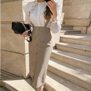 Set: Frill Capelet Blouse + Plaid Suspender Skirt White - One Size