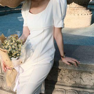 Puff-sleeve Slit-back Midi Sheath Dress