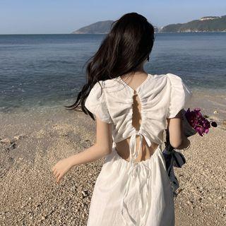 Short-sleeve Drawstring Open-back Midi A-line Dress
