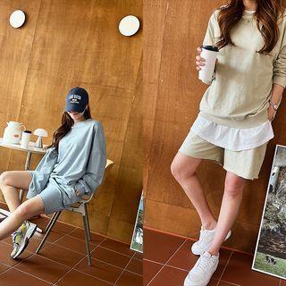 Drop-shoulder Plain Sweatshirt & Sweatshorts Set