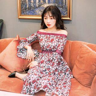 Floral Print Off-shoulder Bell-sleeve A-line Midi Dress