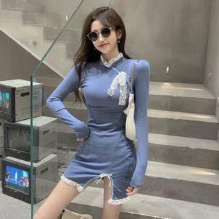 Long-sleeve Lace Trim Mandarin-neck Mini Dress