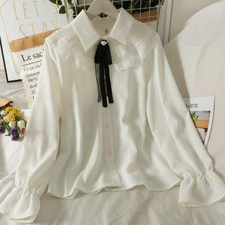 Patchwork Tie-neckline Bell-sleeve Loose Shirt