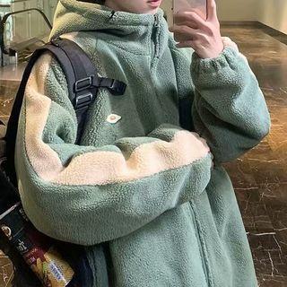 Color Block Fleece Hooded Zipped Jacket