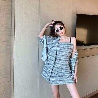 Plaid Short-sleeve Blazer / Plaid Sleeveless Top