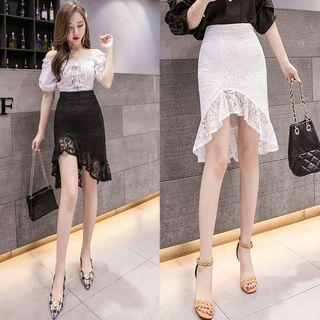 Lace Trim Irregular Hem Pencil Skirt