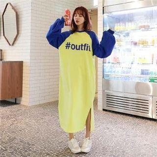 Contrast Raglan-sleeve Lettering Maxi Pullover Dress