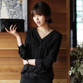Pocket-detail V-neck Chiffon Blouse