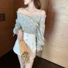 Long-sleeve Off-shoulder Floral Print Chiffon Shirred Blouse