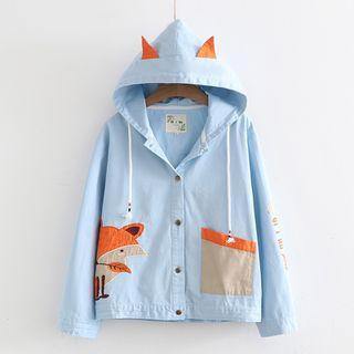 Fox Embroidered Hooded Buttoned Jacket