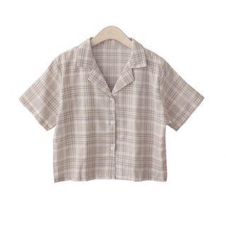 Color-block Plaid Button-up Cropped Shirt