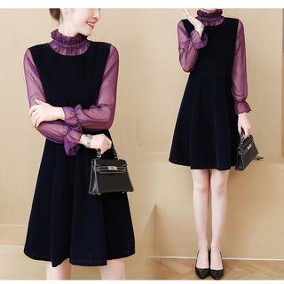 Set: Velvet Sleeveless Dress + Mesh Long-sleeve Blouse