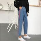 Contrast-trim Washed Cropped Straight-fit Jeans